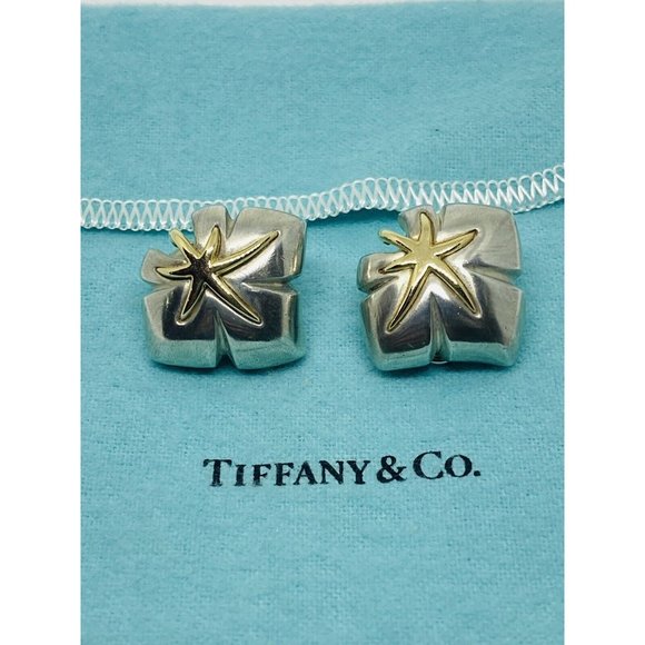 Tiffany & Co. 1991 Ivy Sterling 18k Yellow Gold Starfish Leaf Clip On Earrings